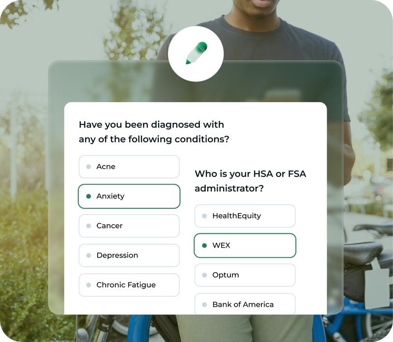 Form screenshot showing survey titled: Have you been diagnosed with any of the following conditions? with Anxiety selected and WEX selected as an HSA administrator