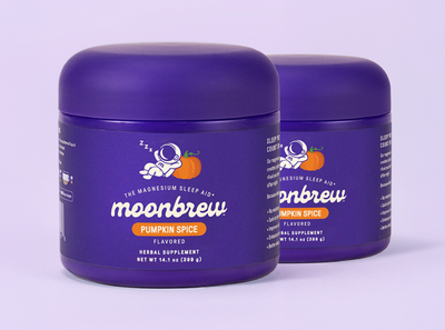 Angled front view of two Moonbrew Pumpkin Spice tubs showing purple packaging and flavor label on a pale purple background