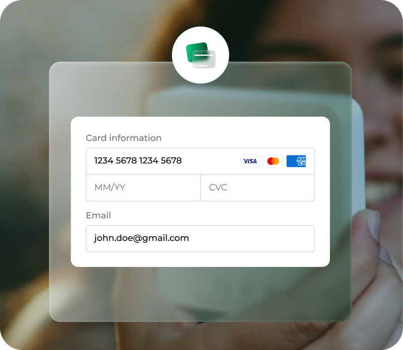Payment form labeled Card information showing card fields, brand icons, and email john.doe@gmail.com over blurred person