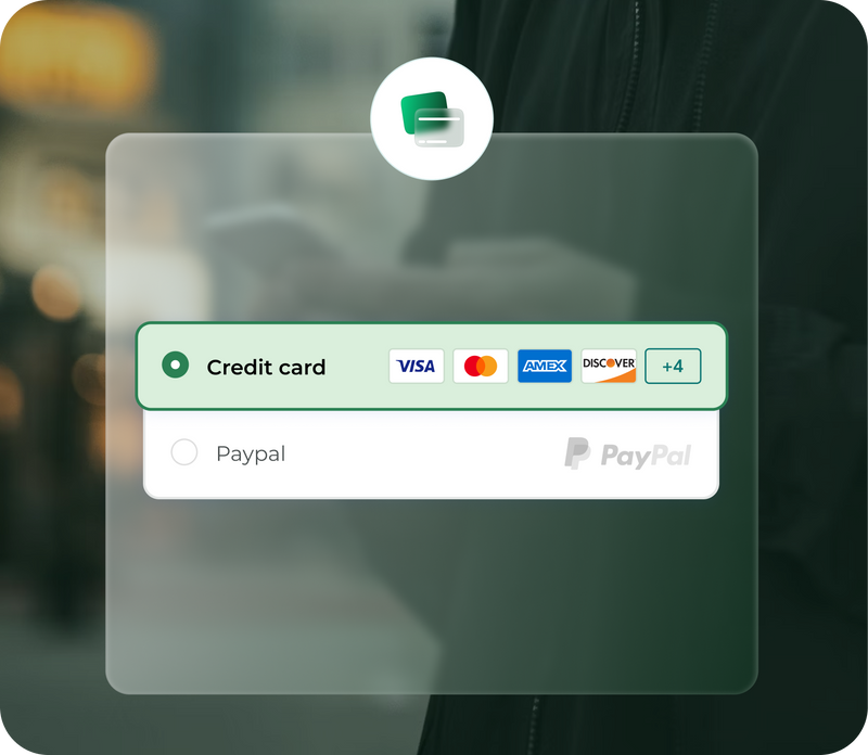 UI screenshot showing payment method selection with Credit card selected and PayPal unselected
