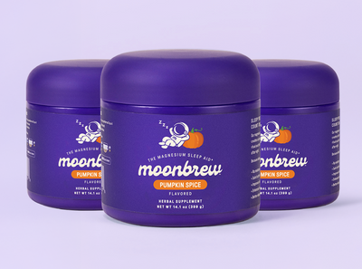 Three MoonBrew Pumpkin Spice tubs with purple packaging and MoonBrew Pumpkin Spice label on light purple background