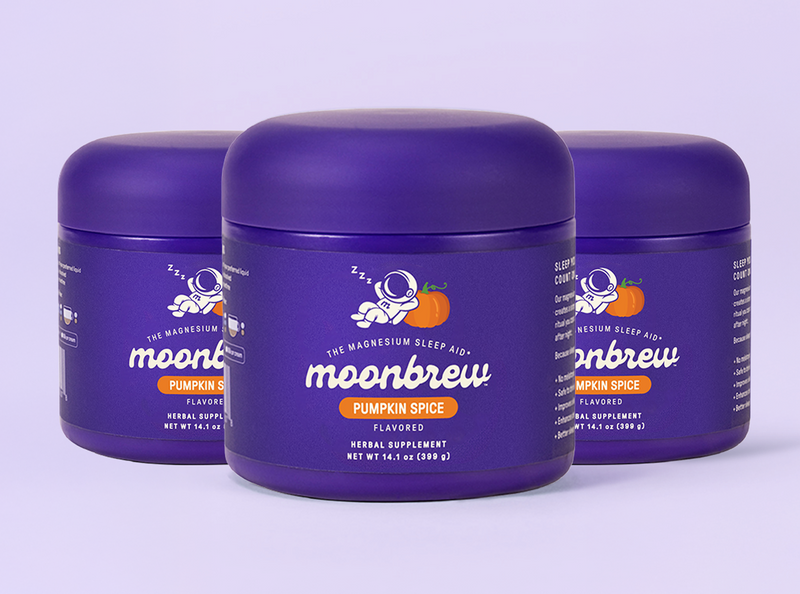 Three MoonBrew Pumpkin Spice tubs with purple packaging and MoonBrew Pumpkin Spice label on light purple background