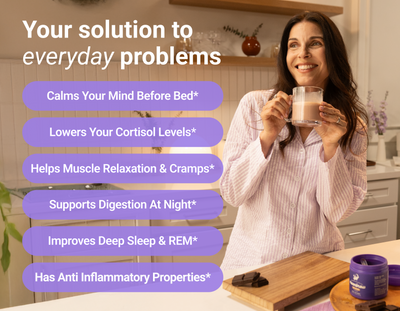 Woman in pajamas holding a mug at a kitchen counter; headline 'Your solution to everyday problems' with purple bullets listing sleep and relaxation benefits