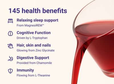 Graphic: ‘145 health benefits’ — sleep, digestive support, hair/skin/nails, cognitive function, immunity; next to a red drink being poured