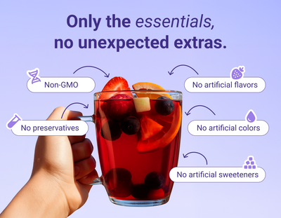 Hand-held mug of Melatonin Sleep showing headline ‘Only the essentials, no unexpected extras’ and a label for no artificial ingredients