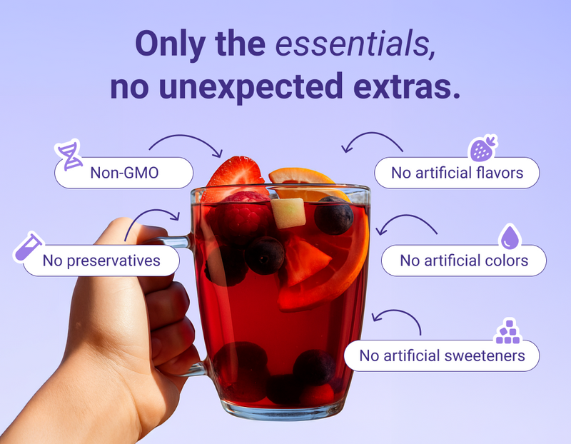 Hand-held mug of Melatonin Sleep showing headline ‘Only the essentials, no unexpected extras’ and a label for no artificial ingredients