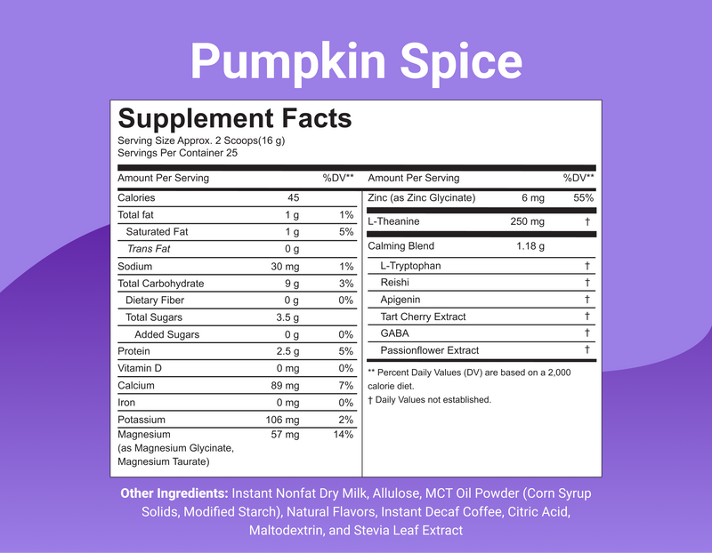 Supplement Facts for Pumpkin Spice showing serving size (2 scoops), Calories 45, magnesium 57 mg, zinc 6 mg, L-theanine 250 mg, calming blend ingredients