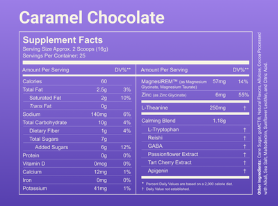 Nutrition label showing Caramel Chocolate Supplement Facts: 60 calories per 2-scoop (16 g) serving, 57 mg magnesium (14% DV), 250 mg L-Theanine