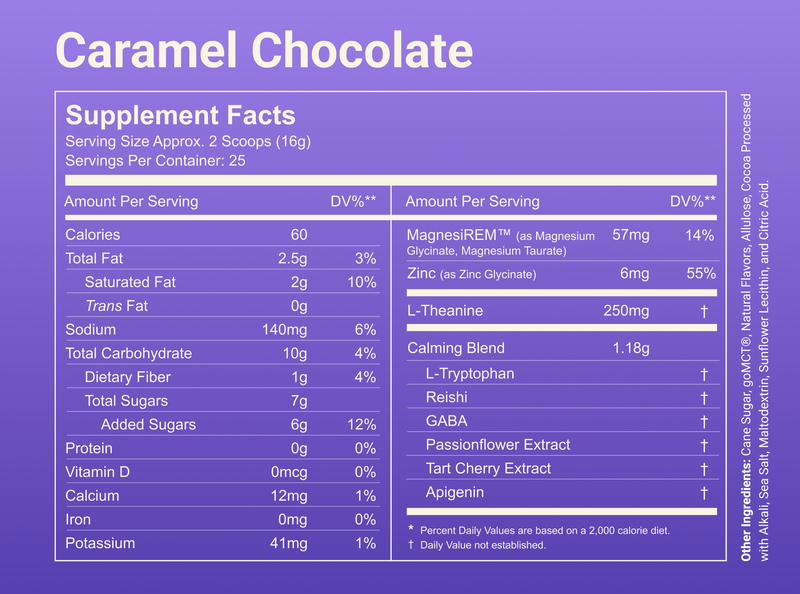 Nutrition label showing Caramel Chocolate Supplement Facts: 60 calories per 2-scoop (16 g) serving, 57 mg magnesium (14% DV), 250 mg L-Theanine
