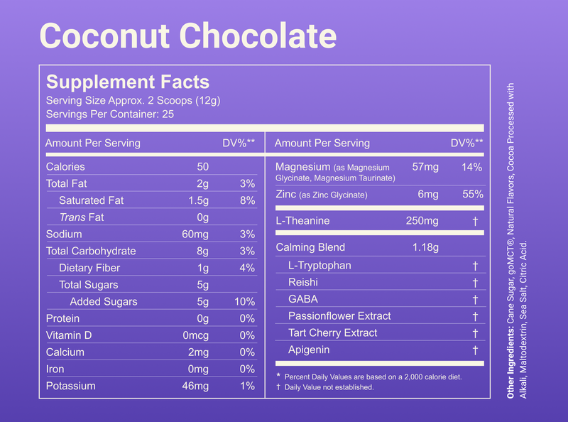 Supplement facts label: 2-scoop (12 g) serving — 50 kcal; 2 g fat; 8 g carbs; 5 g sugars; 0 g protein; 57 mg magnesium (14% DV); 250 mg L-theanine; 1.18 g calming blend
