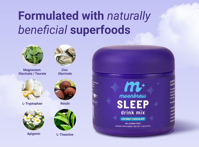 Infographic showing ‘Formulated with naturally beneficial superfoods’, Coconut Chocolate Sleep jar and six superfood ingredients: Magnesium Glycinate/Taurate, Zinc Glycinate, L-Trytophan, Reishi, Apigenin, and L-Theanine