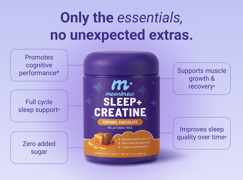 Banner showing Sleep+ Creatine jar with headline 'Only the essentials, no unexpected extras' and benefit callouts
