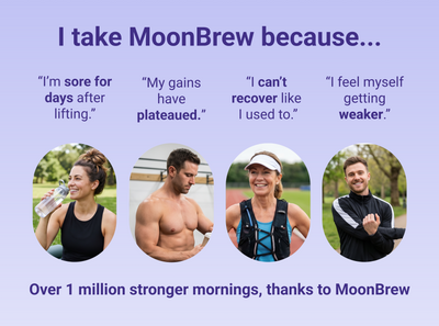Testimonial collage ‘I take MoonBrew because...’ showing four recovery quotes and headline ‘Over 1 million stronger mornings’