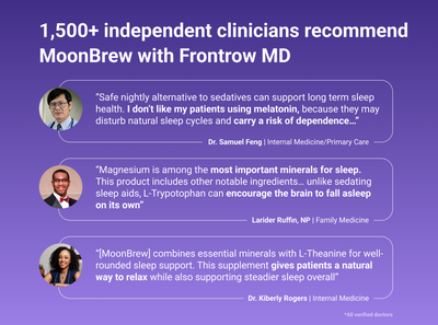 Promotional banner showing 1,500+ independent clinicians recommend MoonBrew with Frontrow MD