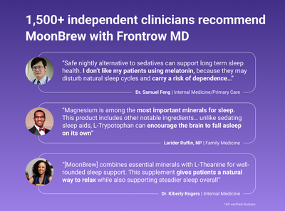 Infographic showing 1,500+ clinicians recommend MoonBrew with Frontrow MD and clinician quotes endorsing magnesium and L-Theanine for sleep support