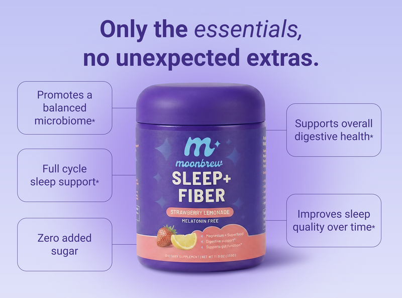 Promotional banner showing MoonBrew Sleep plus Fiber tub, headline ‘Only the essentials, no unexpected extras’, callouts: microbiome support; full cycle sleep support; no added sugar