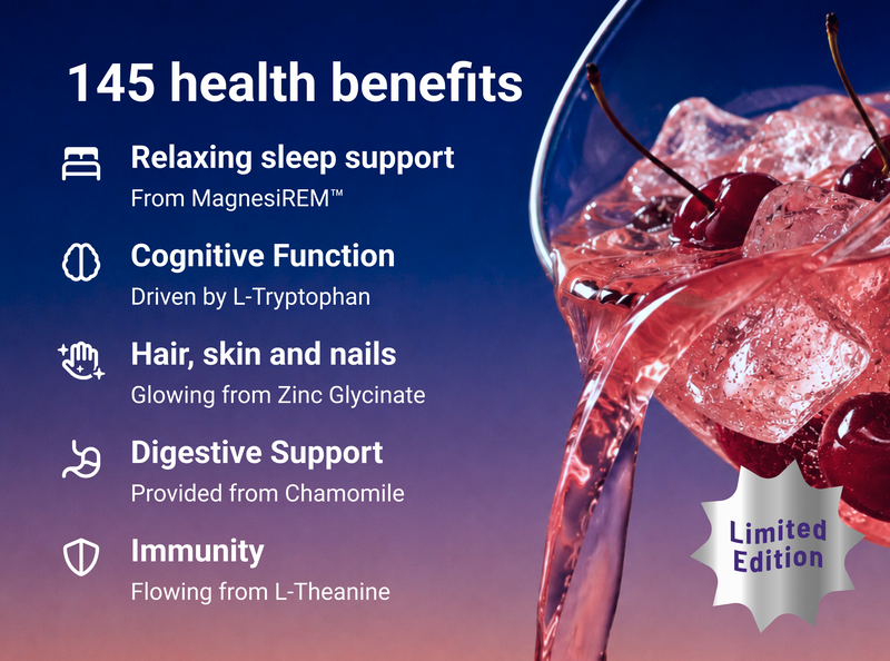 Infographic 145 health benefits showing relaxing sleep, cognitive function, hair skin nails, digestive support and immunity