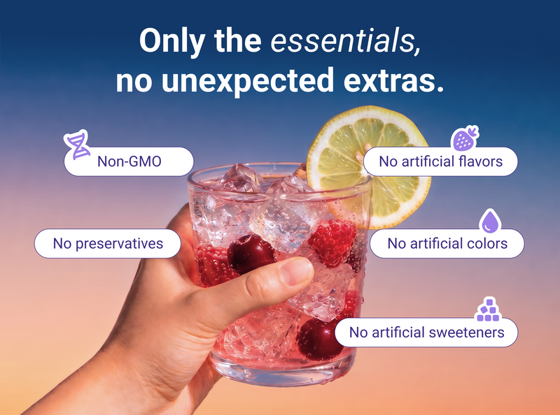 Banner: Only the essentials, no unexpected extras — hand holding pink drink; labels: Non‑GMO, no artificial ingredients, preservatives, or colors