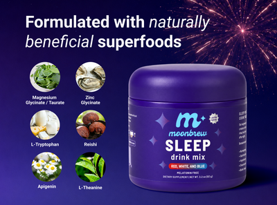 Graphic showing ‘Formulated with naturally beneficial superfoods’ MoonBrew Sleep drink mix tub with six ingredient icons