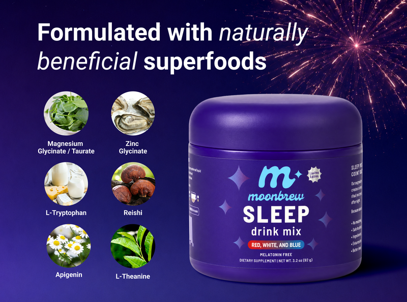 Graphic showing ‘Formulated with naturally beneficial superfoods’ MoonBrew Sleep drink mix tub with six ingredient icons