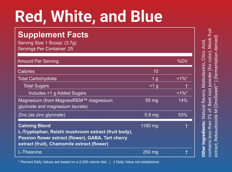 Supplement facts: 1 scoop (3.7 g), 10 cal, magnesium 55 mg (14% DV), zinc 5.9 mg (53% DV), calming blend 1180 mg