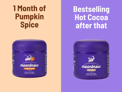 Split promo: left Pumpkin Spice jar with '1 Month of Pumpkin Spice'; right Hot Cocoa jar with 'Bestselling Hot Cocoa after that'