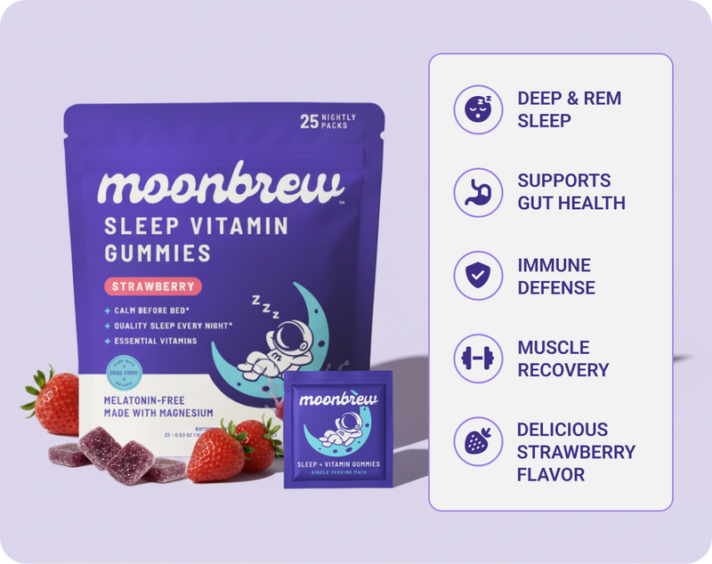 Front view of Moonbrew Sleep Vitamin Gummies pouch showing melatonin-free strawberry flavor with benefits panel on purple background