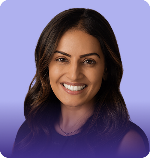 Clinician, a Medical Advisory Board member, smiling in a head-and-shoulders portrait against a purple gradient background