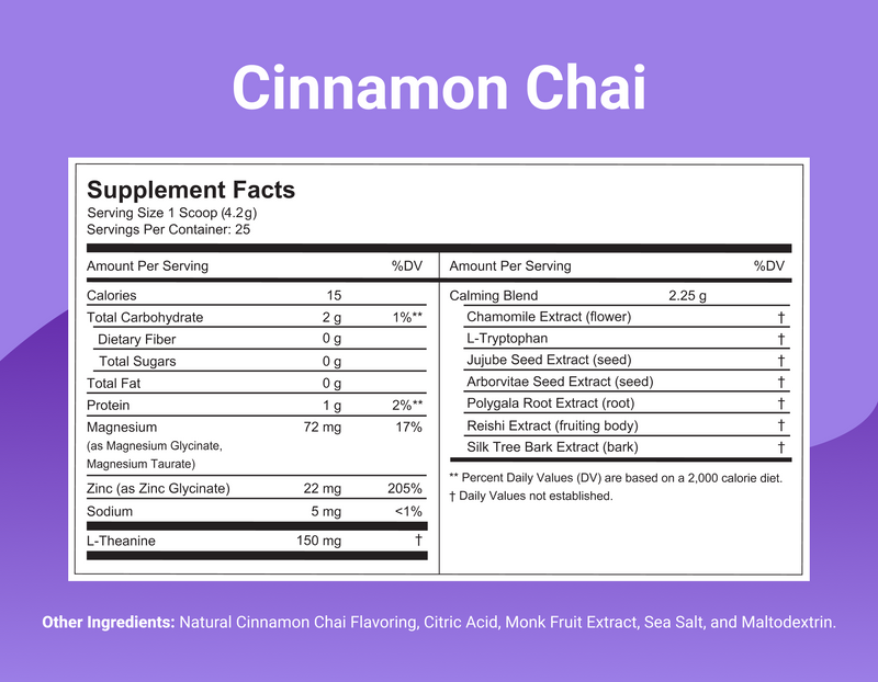 Supplement facts label showing Cinnamon Chai serving size, 72 mg magnesium, 22 mg zinc, and 150 mg L-theanine