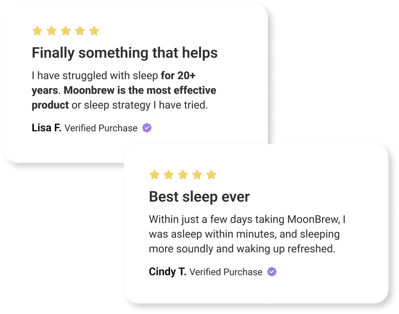 Testimonial cards showing two 5-star customer reviews praising faster, deeper sleep and waking refreshed