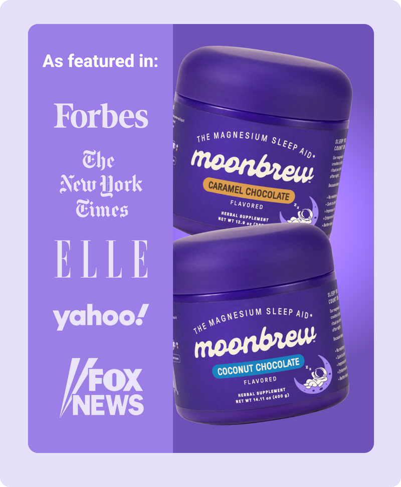 As featured in: media logos and two purple Moonbrew jars labeled Caramel and Coconut Chocolate