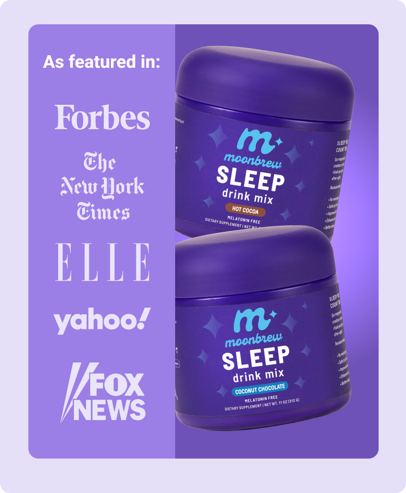 Promotional banner reading ‘As featured in:’ with logos for Forbes, The New York Times, ELLE, Yahoo! and Fox News, plus two purple MoonBrew SLEEP drink mix jars