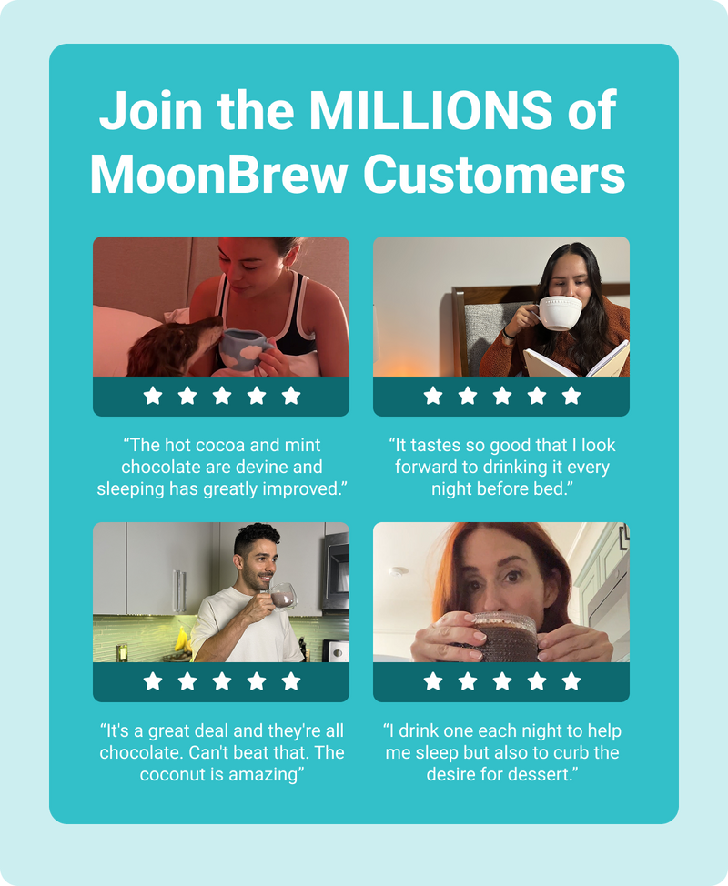 banner showing customer testimonials and five-star ratings under headline 'Join the MILLIONS of MoonBrew Customers'