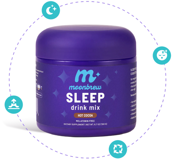 Front of MoonBrew Sleep drink mix jar, purple packaging, Hot Cocoa label, dotted circular graphic on white background