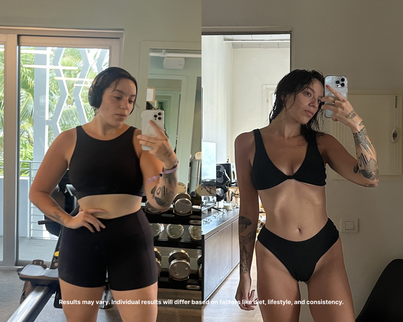 Side-by-side before-and-after photos of a woman taking mirror selfies in a gym and a bathroom showing a slimmer waist, with overlaid text ‘Results may vary’