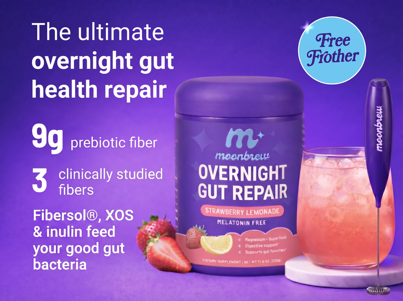 Promotional banner: The ultimate overnight Gut Repair, 9g prebiotic fiber, 3 fibers, includes free frother, next to Overnight Gut Repair Moon Brew Jar (Strawberry Lemonade)