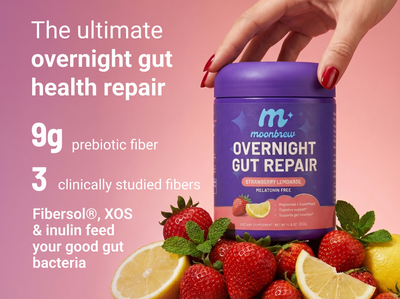 Banner showing Overnight Gut Repair jar (Strawberry Lemonade); headline ‘Overnight gut health repair’; callouts: 9g prebiotic fiber and three clinically studied fibers Fibersol, XOS, inulin