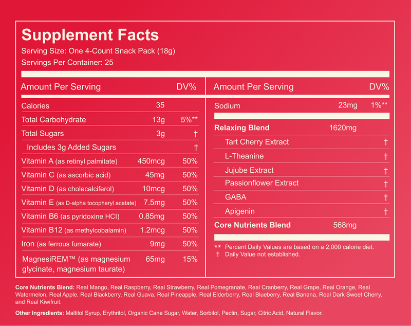 Supplement facts panel: serving size one 4-count snack pack (18 g); 35 cal; vitamins ~50% DV; MagnesiREM 65 mg; relaxing blend 1620 mg