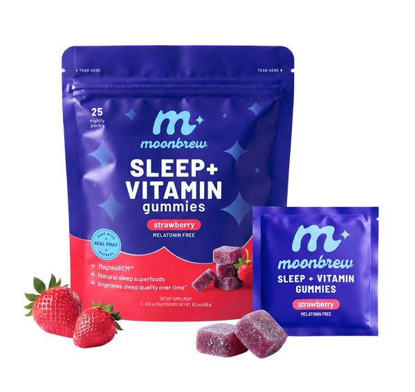 Front view of MoonBrew Sleep+ Vitamin gummies pouch and single packet, strawberry flavor, with strawberries and sugar-coated gummies on white background