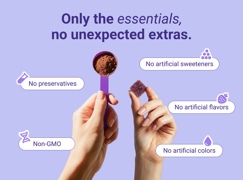 Promotional banner ‘Only the essentials, no unexpected extras’, includes logos indicating Non-GMO, no preservatives or artificial sweeteners, flavors, or colors