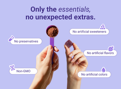 Banner showing headline ‘Only the essentials, no unexpected extras’ with hands holding a purple powder scoop and a gummy; icon callouts: Non‑GMO, no preservatives, no artificial sweeteners, flavors, or colors