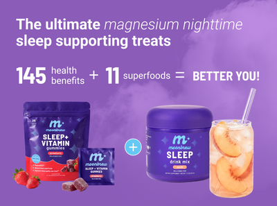 Promotional banner showing magnesium sleep treats, 145 benefits, 11 superfoods, and MoonBrew gummies and drink