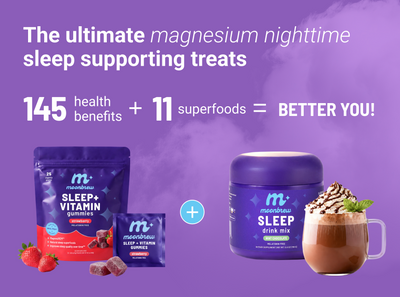 Promotional banner showing magnesium sleep treats, 145 benefits, 11 superfoods, and MoonBrew gummies and drink