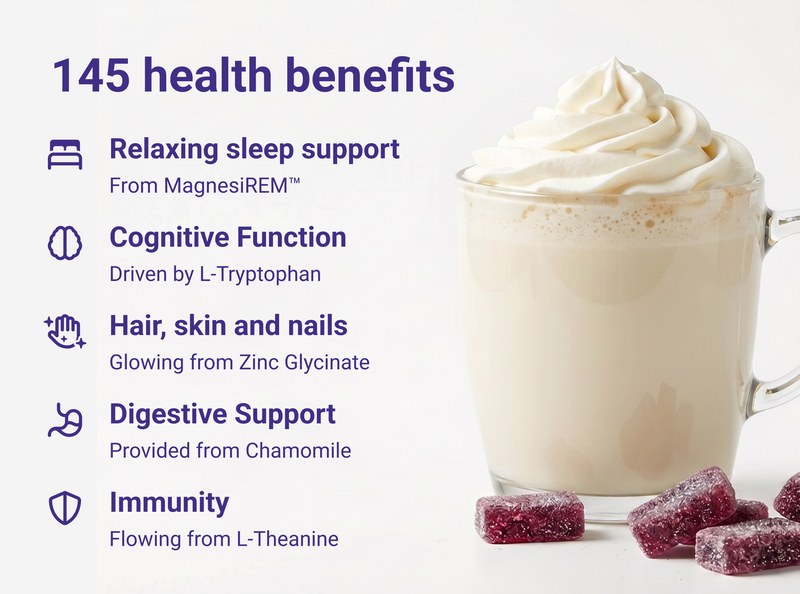 Banner showing 145 health benefits including: sleep support, cognitive function, hair/skin/nails, digestive support, immunity
