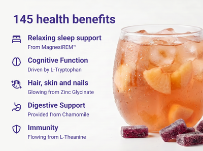Infographic showing 145 health benefits including: sleep support, cognitive function, hair skin nails, digestion, immunity