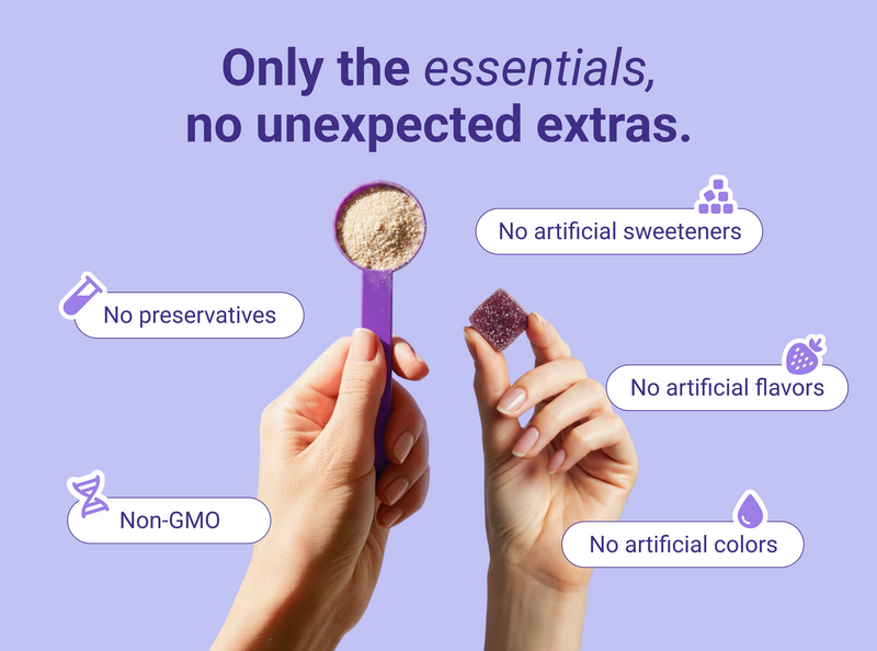 Banner reading “Only the essentials, no unexpected extras” — powder scoop and gummy; includes icons indicating Non‑GMO, no preservatives or artificial sweeteners, flavors, or colors