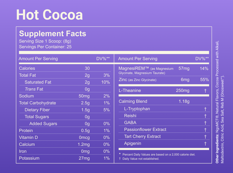 nutrition facts label showing Hot Cocoa supplement facts with serving size 1 scoop and magnesium-based sleep blend