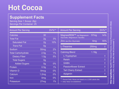 Supplement facts panel for Hot Cocoa listing 30 calories, MagnesiREM 57 mg, L-Theanine 250 mg, and Calming Blend 1.18 g