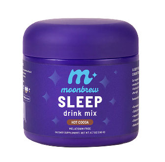 Front view of MoonBrew Hot Cocoa SLEEP drink mix jar showcasing the purple label and lid with white background