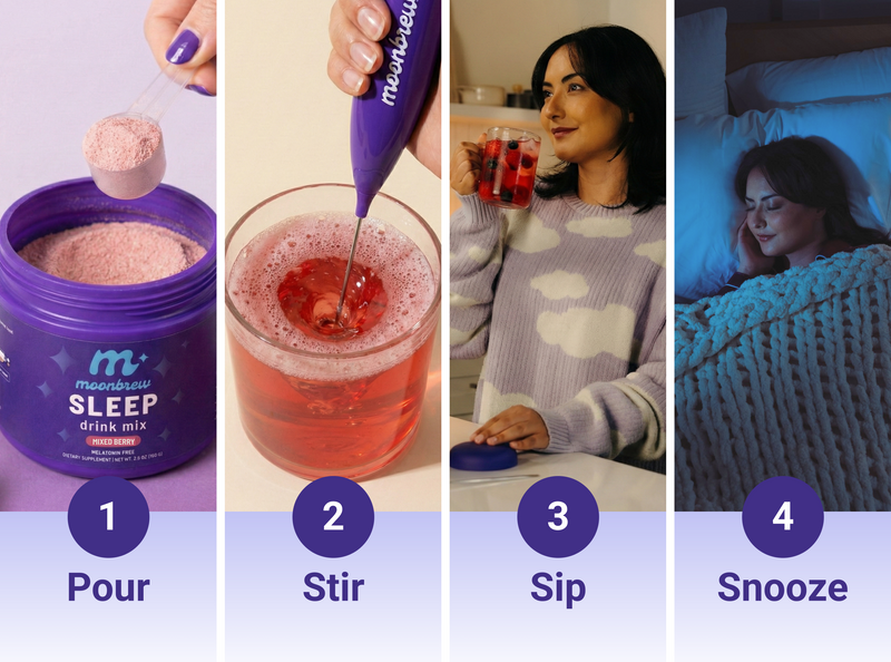 Four-step infographic showing how to prepare MoonBrew Sleep Mixed Berry drink: Pour, Stir, Sip, Snooze